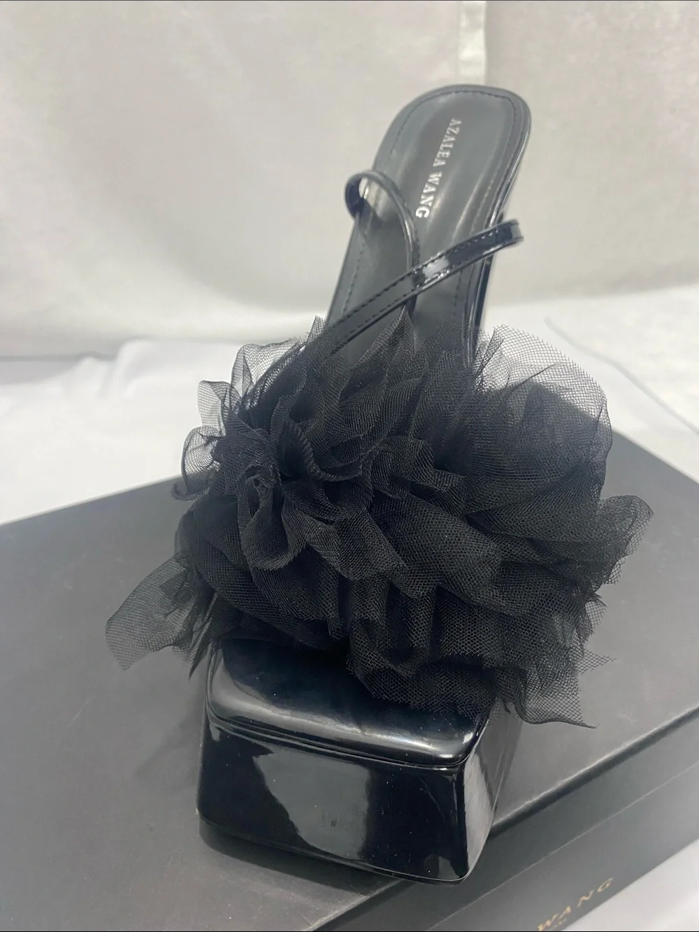 Black Platform Slide Heels with Tulle Pom Accent